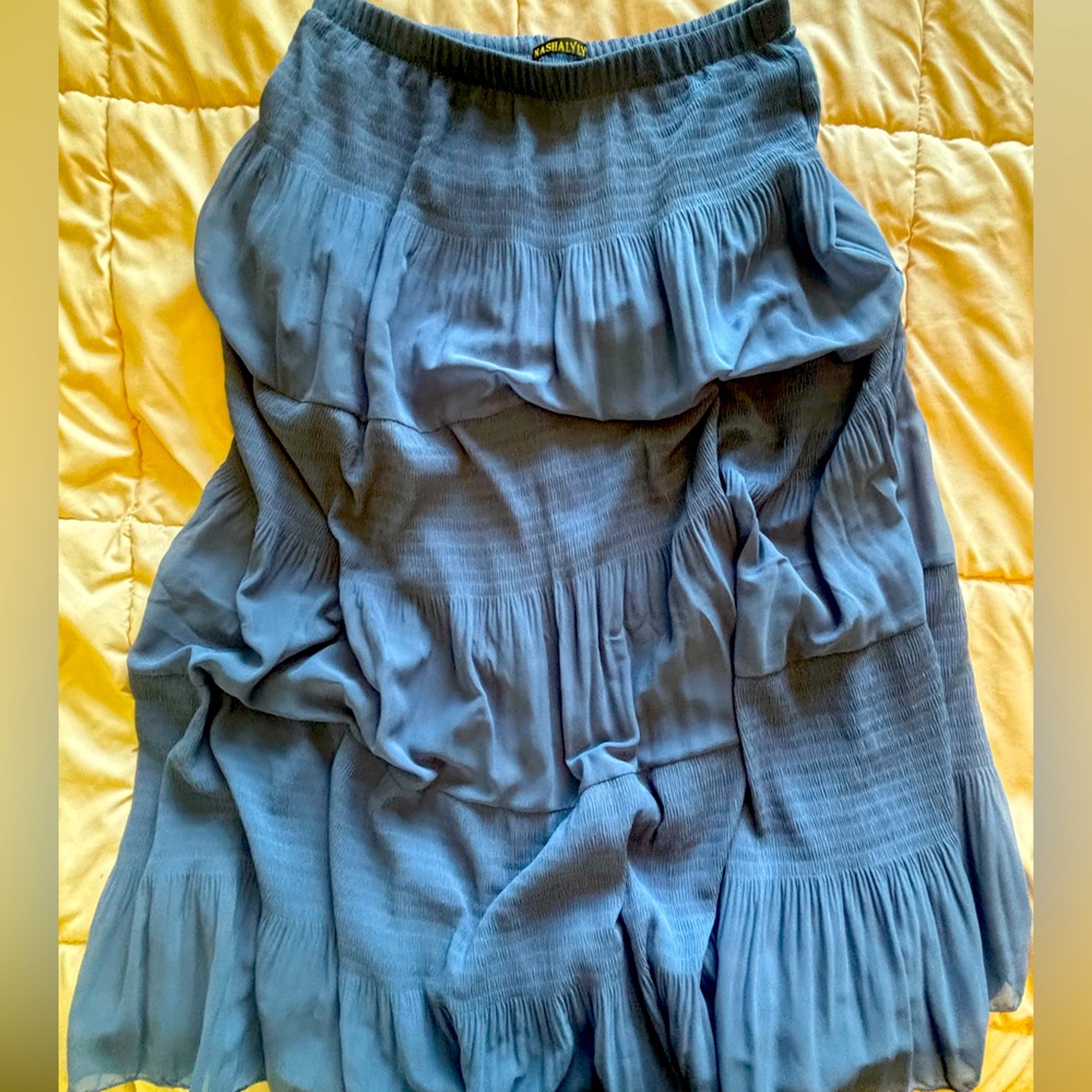 Blue Maxi Skirt with Pleated Tiered Design